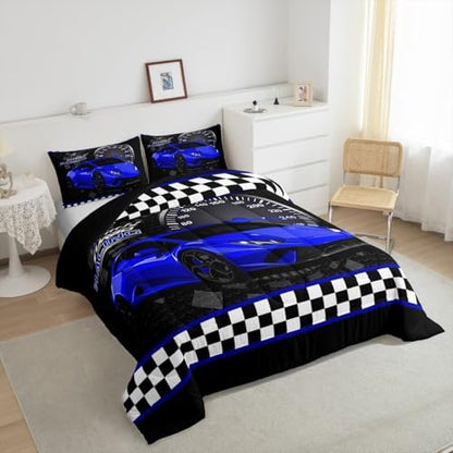 Feelyou Race Car Duvet Quilt Full Size Blue Speed Sports Car Bedding Set for Kids Boys Girls Decor Automobile Bedding Set Breathable Soft Lightweight Microfiber Extreme Sports Bedroom Decor