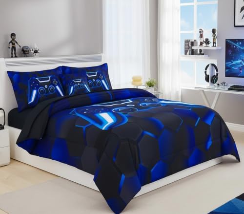 URBONUR Blue Gaming Comforter Set for Boys Twin Size 6 Pieces