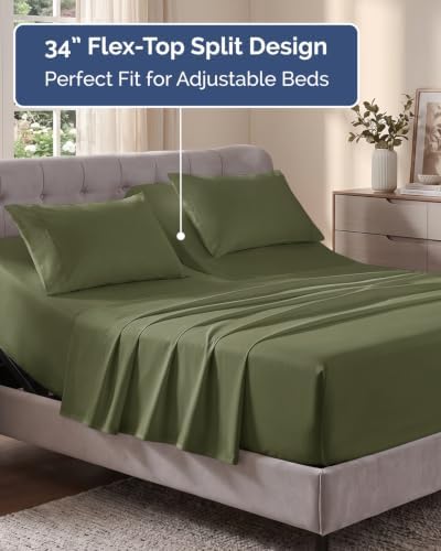 Flex Top Split Head King Sheet Set - 4 Piece Extra Deep Sheets - Sage Green