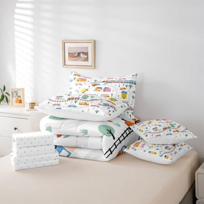 Erosebridal 7 Pcs Cartoon City Car Comforter Set Twin Size Bicycle Truck Train Kids Bedding Set with Sheets House & Tree Cityscape Bed in A Bag for Boys Girls Transportation Road & Railway Bed Sets