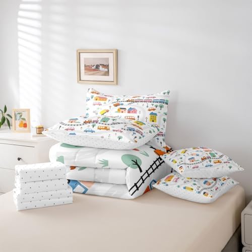 Erosebridal 7 Pcs Cartoon City Car Comforter Set Full Size Bicycle Truck Train Kids Bedding Set with Sheets House & Tree Cityscape Bed in A Bag for Boys Girls Transportation Road & Railway Bed Sets