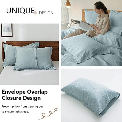 Simple&Opulence 100% Washed Linen Duvet Cover Set 5pcs(1 Duvet Cover& 2 Shams& 2 Pillowcases) Basic Style Natural French Flax Soft Breathable Farmhouse Bedding (King, Dusty Blue)
