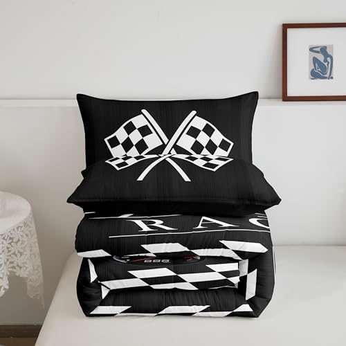 Boys Racing Car Bedding Set King for Kids Teens Extreme Sports Theme Comforter Set, Black White Buffalo Duvet Insert Sprots Car Quilt Sets, Geometric Plaid Check Quilted Comforter (Black Reversible)