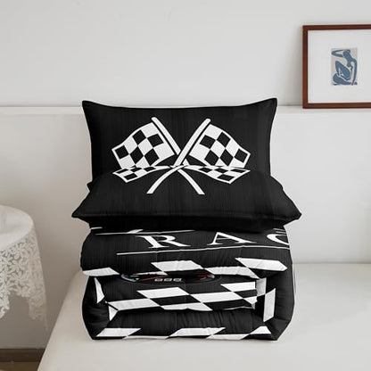 Boys Racing Car Bedding Set King for Kids Teens Extreme Sports Theme Comforter Set, Black White Buffalo Duvet Insert Sprots Car Quilt Sets, Geometric Plaid Check Quilted Comforter (Black Reversible)