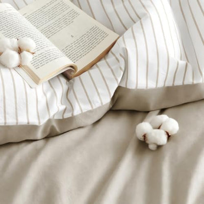 Nayoroom White Brown Striped Comforter Set Queen Reversible Taupe Bedding