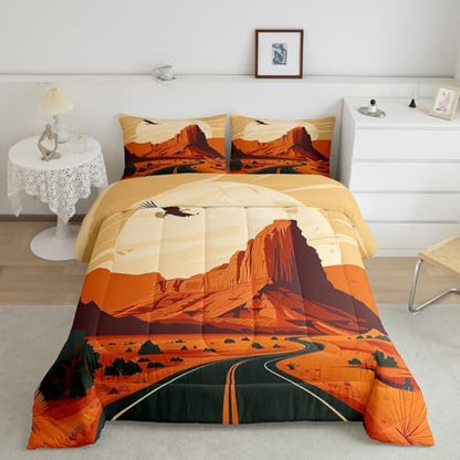 Western Desert Comforter Set Twin Size,Road Travel Nature Scenery Bedding Set for Kids Teens Adults Room Decor,Retro Rustic Farmhouse Quilt Set,Sunset Cowboy Vintage Duvet Insert 2Pcs,1 Pillowcase