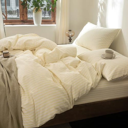 FOSSA Striped Duvet Cover Set 100% Washed Cotton Linen Feel Super King Plus