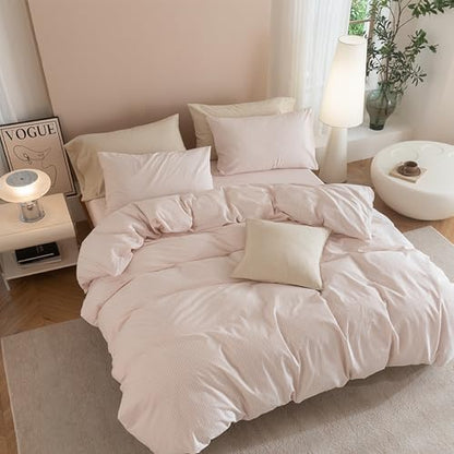 JIYUAN King Washed Cotton Duvet Cover Set, 3-Piece, Linen-Like Pinstripe