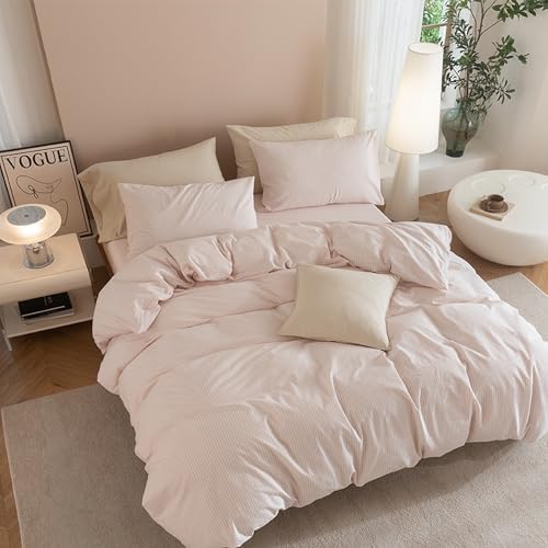 JIYUAN Alaska King Washed Cotton Duvet Cover Set, Linen-Like Pinstripe