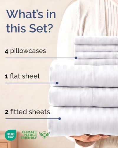 Split King 7 Piece Bed Sheet Set - Breathable & Cooling - Striped White
