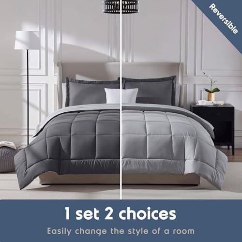 Nestl 9 Piece King Comforter Set – Dark Grey Reversible Bed in a Bag – Complete King Size Bedding Set with Sheets, Set of 2 Cooling Pillows, Pillowcases and Shams