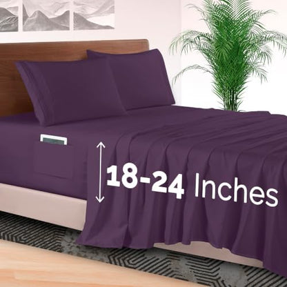 Elegant Comfort 4-Piece Bed Sheet Set - Luxury Bedding 1500 Premium Hotel Quality Microfiber, All Around Elastic 18-24 Inches Deep Fitted Sheet- Extra Deep Pocket Sheets, Queen, Plum Purple