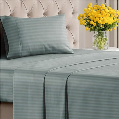 Twin XL 3 Piece Striped Sheet Set - Breathable & Cooling - Greeny Stripes