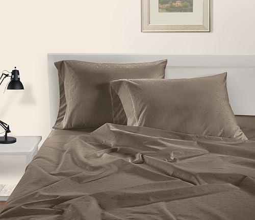 LANE LINEN Split King Sheets 100% Egyptian Cotton Sateen - Taupe Swiss Dot