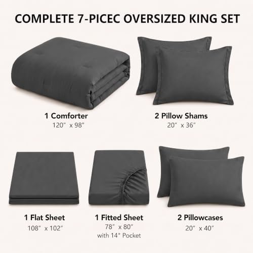 HIMEET Oversized King Comforter Sets, 7-Piece Point-Quilted, Dark Grey