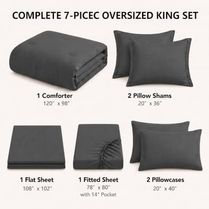 HIMEET Oversized King Comforter Sets, 7-Piece Point-Quilted, Dark Grey