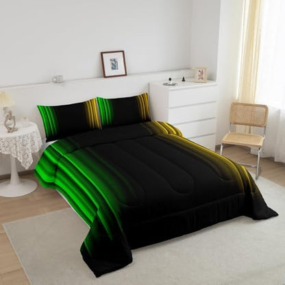 Feelyou Teens Abstract Ombre Decorations Bedding Set for Kids Women Green Yellow and Black Comforter Set Geometric Modern Quilt Set Room 3Pcs Queen Size