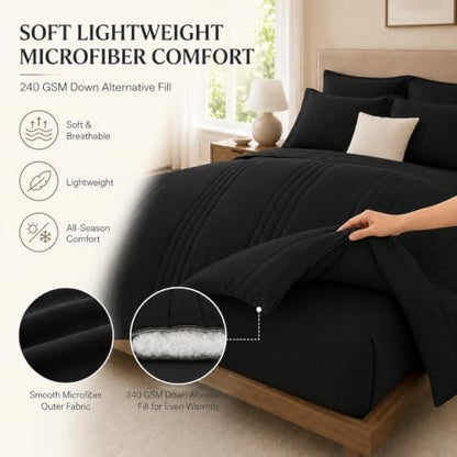 Queen Comforter Set with Sheets, 7-Piece Bed in a Bag Queen Black