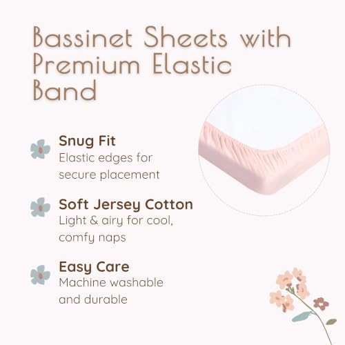 Pink Floral Baby Bassinet Sheets Girl 2 Pack – 100% Jersey Cotton Fitted Rectangle 32x16x4, Soft Breathable Bassinet Mattress Sheets, Fits Baby Delight Beside Me Dreamer