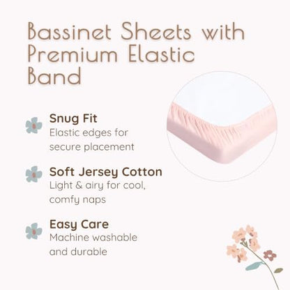 Pink Floral Baby Bassinet Sheets Girl 2 Pack – 100% Jersey Cotton Fitted Rectangle 32x16x4, Soft Breathable Bassinet Mattress Sheets, Fits Baby Delight Beside Me Dreamer