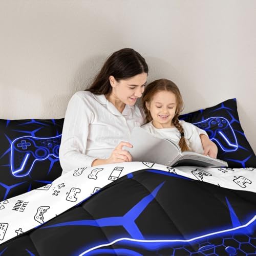 Feelyou Gamer Bedding Set Queen Size Gaming Duvet Quilt for Kids Teens Adults Game Controller Comforter Set Geometric Gamepad Blue Room Decor 3Pcs with 2 Pillow Case