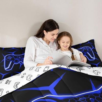 Feelyou Gamer Bedding Set Queen Size Gaming Duvet Quilt for Kids Teens Adults Game Controller Comforter Set Geometric Gamepad Blue Room Decor 3Pcs with 2 Pillow Case