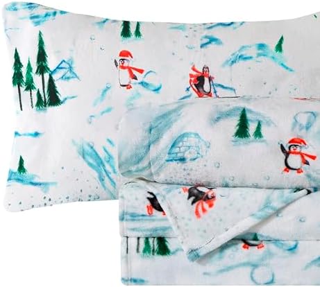Elegant Comfort Luxuriously Soft 4-Piece Holiday Velvet Plush Flannel Sheet Set - Premium Quality - Cozy Warm, Christmas Fuzzy Velvet Flannel Fleece Deep Pocket Sheet Set - Cal King, Skiing Penguins