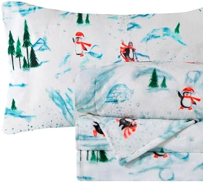 Elegant Comfort Luxuriously Soft 4-Piece Holiday Velvet Plush Flannel Sheet Set - Premium Quality - Cozy Warm, Christmas Fuzzy Velvet Flannel Fleece Deep Pocket Sheet Set - Cal King, Skiing Penguins