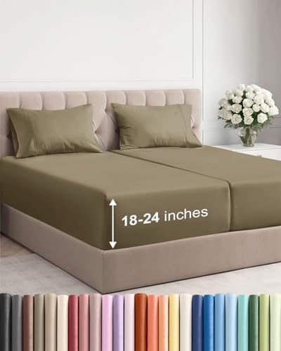 Extra Deep Split King Sheet Set - 5 Piece Breathable Cooling Sheets - Khaki