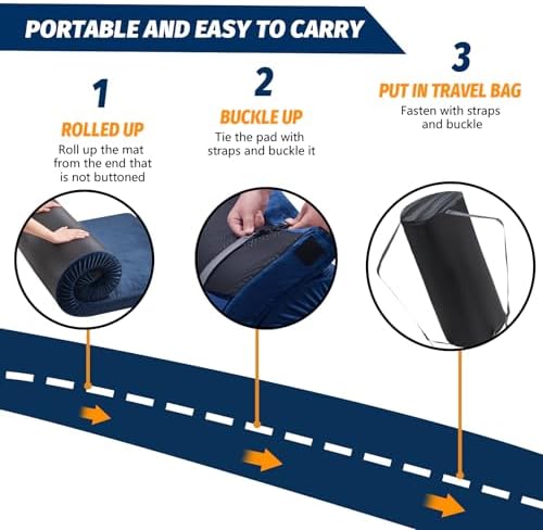 CYMULA Memory Foam Camping Mattress Pad, Sleeping Mat, Portable Roll Up Mattress for Adults, Camping Bed Pads for Sleepover, Car Bed with Travel Bag