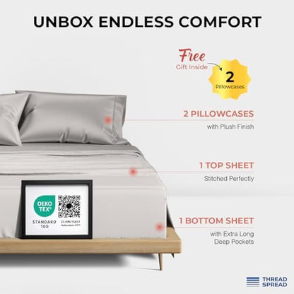 THREAD SPREAD 100% Egyptian Cotton King Size Sheets Set - Luxury 1200 Series Plush Collection Egyptian Cotton Sheets King Size (4 PC, Light Grey), Silky Soft, Cooling, 17" Deep Pocket Bed Set