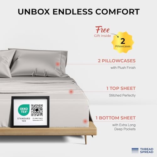THREAD SPREAD 100% Egyptian Cotton Queen Sheets Set - 1200 Series Plush Collection Luxury Egyptian Cotton Sheets Queen Size Deep Pocket (4 PC, Light Grey), Soft, Cooling, Sateen Weave Sheet Set