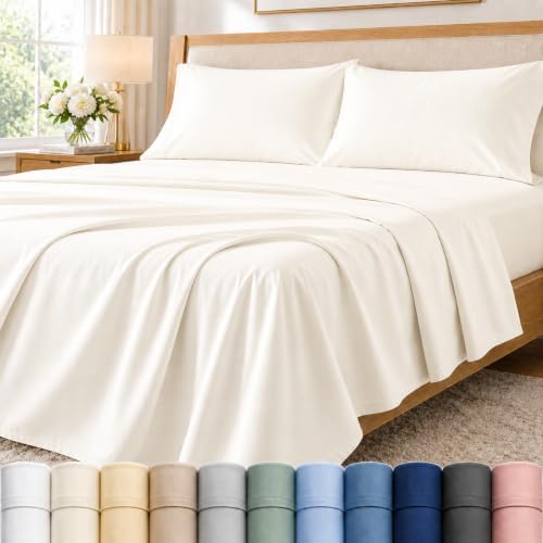 Queen Sheet Set, 400 Thread Count Bed Sheets Queen Size Set - Coconut Milk