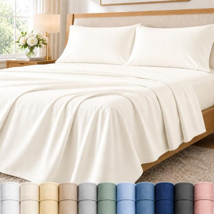 Queen Sheet Set, 400 Thread Count Bed Sheets Queen Size Set - Coconut Milk