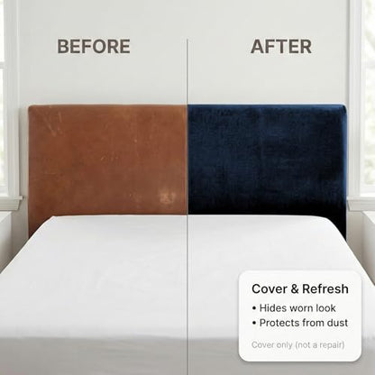 WOMACO Velvet Bed Headboard Slipcover Protector Stretch Solid Color Dustproof Cover for Bedroom Decor (Dark Blue, 71" - 90")