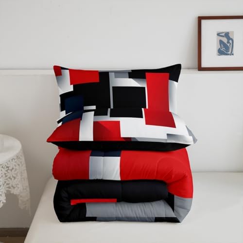 Castle Fairy 3D Geometric Comforter Set Full Size,Red Black Grey Abstract Square Bedding Set for Girls Teens Bedroom Present,Colorful Plaid Print Soft Chic Microfiber Quilted Duvet with 2 Pillowcases
