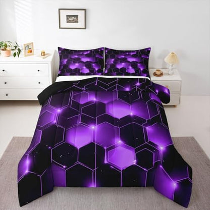Feelyou Geometrics Honeycomb Comforter Set King Size, Purple Black Beehive Hexagon Comforter for Kids Toddler Geometrical Bedding Set Hexagonal Geometrical Duvet Set Durable Quilt Set King Size