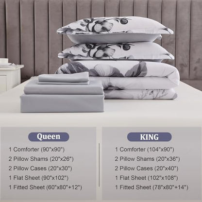 Luxudecor Floral Comforter Set Queen Size 7 Piece, Black Flower Bed in a Bag, Elegant Ink Comforter Bedding Set for All Season (Ink, 90"x90")