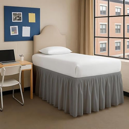 Dorm Bed Skirt Twin XL 52 Inch Drop, Easy to Install Extra Long Wrap Around Elastic Dust Ruffle, Bedskirt Solid Silky Fabric Machine Washable, Ruffled College Dorm Room Light Grey