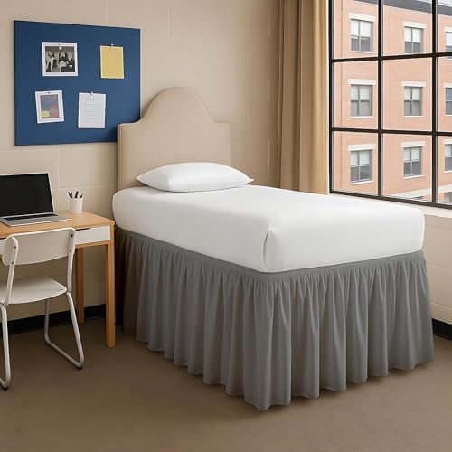 Dorm Bed Skirt Twin XL 42 Inch Drop, Easy to Install Extra Long Wrap Around Elastic Dust Ruffle, Bedskirt Solid Silky Fabric Machine Washable, Ruffled College Dorm Room Light Grey