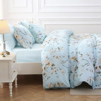 MUXHOMO Ceiba Blue Bed in a Bag King 7 Pieces, King Comforter Set Reversible Botanical Flowers Design, Ultra Soft & Breathable Bedding Sets with Comforter, Sheets, Pillowcases & Shams