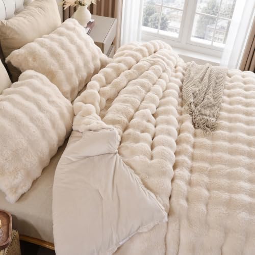 YIKUSH Queen Faux Fur Soft Comforter Set, Fluffy Beige Rabbit Fur Comforter