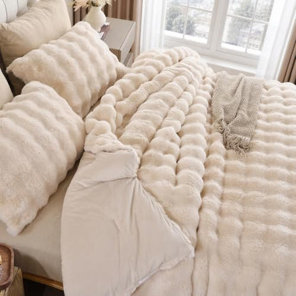 YIKUSH King Faux Fur Soft Comforter Set, Fluffy Beige Rabbit Fur Comforter