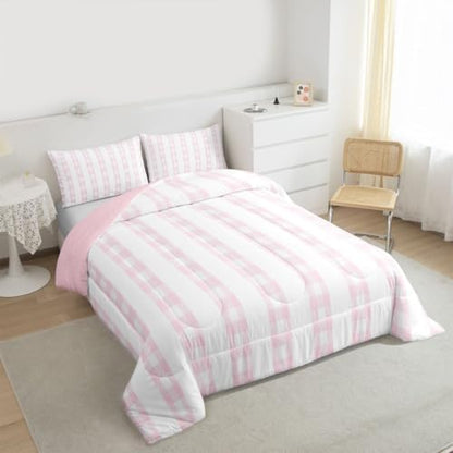 jejeloiu Pink Plaid Comforter Set Full Size Stripes Bedding Set for Kids Boys Girls Check Checkered Duvet Quilt Grid Geometric Bedroom Decor Microfiber 3 Pcs with 2 Pillow Cases