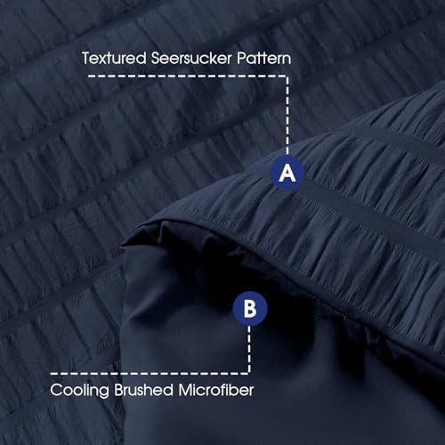 FreshCulture Comforter Set Seersucker 7 Pieces, All Season Bedding Set Full, Bed in a Bag Comforter Set with 1 Comforter, 1 Flat Sheet, 1 Fitted Sheet, 2 Pillowcases and 2 Pillow Shams, Navy
