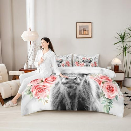 Erosebridal Highland Cow Flower Full Comforter Set with Sheets 7 Piece Rose Grey Marble Bed in A Bag Western Funny Animal Bedding Sets for Kids Boys,Wildlife Farmhouse Cattle Bed Set