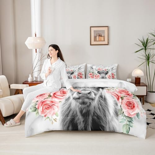 Erosebridal Highland Cow Flower King Comforter Set with Sheets 7 Piece Rose Grey Marble Bed in A Bag Western Funny Animal Bedding Sets for Kids Boys,Wildlife Farmhouse Cattle Bed Set