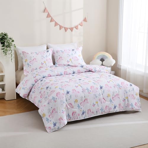 Yibeizi Unicorn Bed Comforter Set Full Pink Girls Floral Bedding