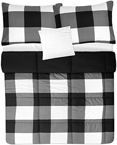 7 Piece Comforter Set Bag Solid Color All Season Soft Down Alternative Blanket & Luxurious Microfiber Bed Sheets, Full, Buffalo Plaid Black/White