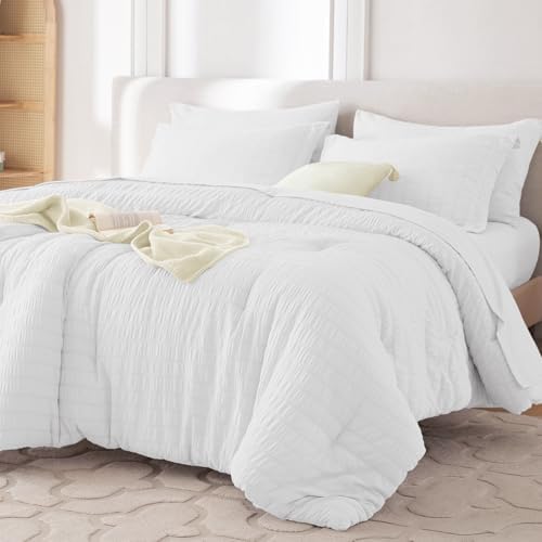 MUXHOMO 7 Pieces Oversized Queen Comforter Set, Seersucker Bed in a Bag Oversized Queen Size, All Season Luxury Bedding Set with Comforter, Flat Sheet, Fitted Sheet, Pillowcases & Shams, White